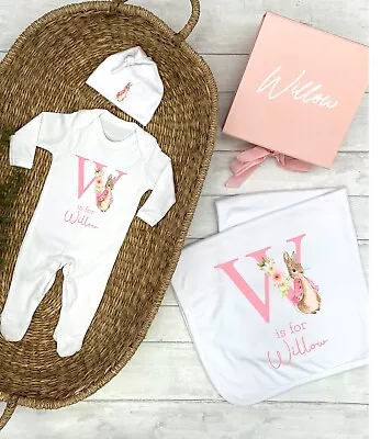 Pink Rabbit Pink Initial Personalised New Baby Girl Clothing Gift Set • £12.99