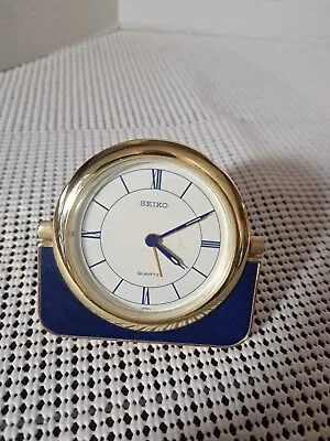 Vintage Seiko Alarm Clock #QQQ177L Working Travel Folding Blue & Gold Brass • $56