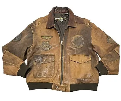 Vintage BUGLE BOY Leather Bomber Jacket Men’s L Brown Motorcycle Flight Patches • $119.99