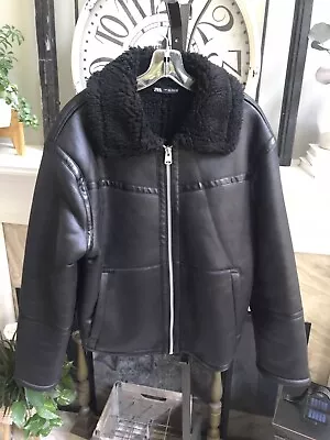 ZARA Men's Faux Shearling Leather Black Aviator Jacket Coat Sz L Large • $79.99