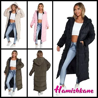 Womens Ladies Hooded Maxi Long Coat Zipper Puffer Padded Longline Winter Jacket • £38.43