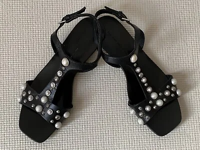 $28 • Buy Zara Basic Collection Strappy Studded With Pearls Black Flat Sandal, Size 37/6.5