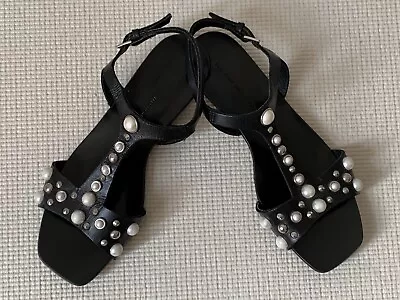 Zara Basic Collection Strappy Studded With Pearls Black Flat Sandal Size 37/6.5 • £27