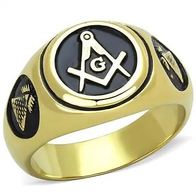 Stainless Steel Master Free Mason Freemason Masonic Gold EP Black Men's Ring • $13.79