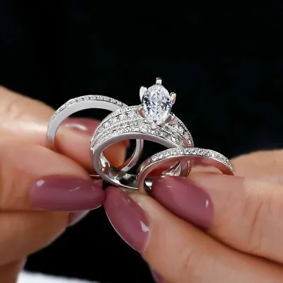 2.00CT Marquise Simulated Diamond Wedding Set Engagement Bridal Ring 925 Silver • $180.59