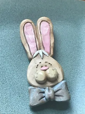 Estate Suzi Signed Tan Easter Bunny Rabbit Head W Tall Ears & Blue Ribbon Resin  • $10.55