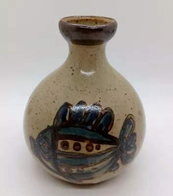 Stoneware Bud Vase With Fish Cream Blue Brown Speckled 4  • $10.99