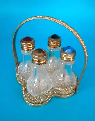 Vintage IRICE STUBBY Mini Perfume Bottles-Set Of 4 Clover Shaped Filigree Caddy • $72.99