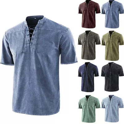 Mens Casual Shirts Tops Lace Up T Shirt Blouse V Neck Plain Muscle Short Sleeve • £12.82