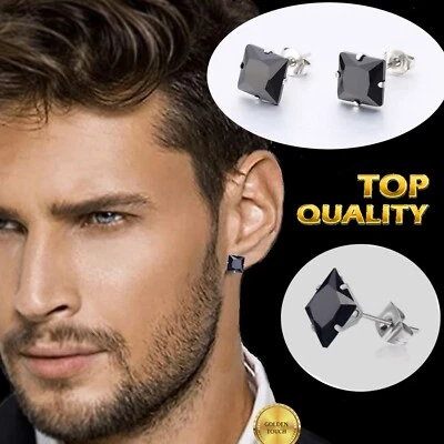 £4.99 • Buy Mens Womens Silver Black Square Diamond Cut Cubic Zirconia Crystal Stud Earrings