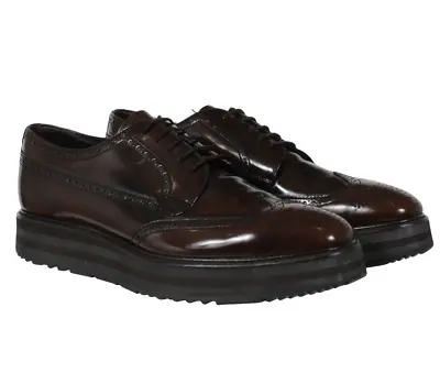 Prada Men Oxford Wingtip Platform Derby US 12 UK 11 Brown Leather Brogue Lace Up • £381.49