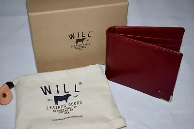 Mens Will Leather Goods Bi-Fold Wallet Red Burgundy Leather In Box Eugene Oregon • $65