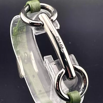 Prada Horsebit Bracelet Silver Green Leather L 8.6  Rare • £193