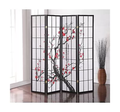 Roundhill Furniture Black Japanese 4-Panel Screen Room Divider Plum Blossom New • $76.07