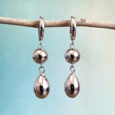 $26.50 • Buy Shiny Sterling Silver Ball Teardrop Double Drop On Small Hoop Earrings Minimal