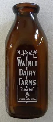  Vintage Walnut Dairy Cow Farms Waterloo Iowa IA Brown Glass MILK BOTTLE • $37.99