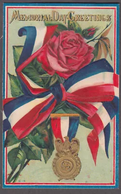Memorial Day Greetings Red-white-&-blue Bow Red Rose Postcard C 1910 • $6.19
