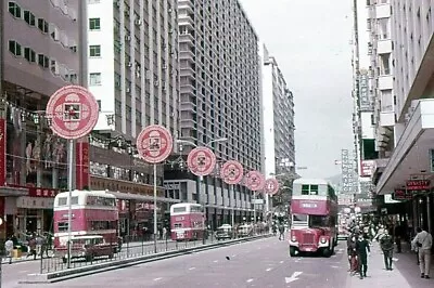 35mm SLIDE : HONG KONG IN 1960's : NATHAN ROAD WITH THREE DOUBLE DECKER BUSES • £2.99