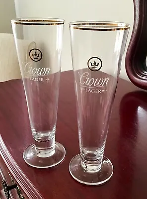2 X CROWN LAGER Tall Beer Glass - Vintage Bar Glasses Upmarket Gold Trim • $36