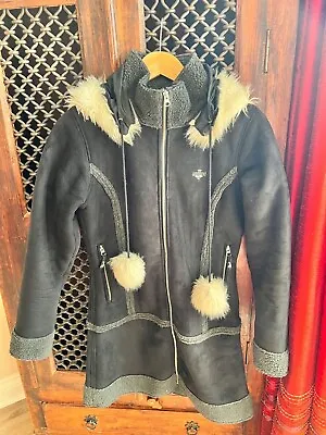 HOOCH SHEEPSKIN COAT Teddy Size 8 Black Faux Suede Long Fur Hood Penny Lane • £17.99