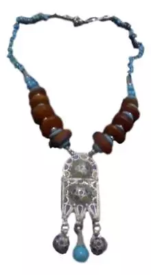  Magnificent Moroccan Berber Amber Beaded Enameled Necklace. • $39.49