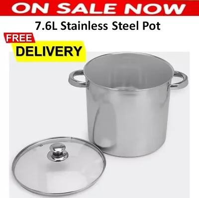 7.6L Stainless Steel Stockpot Large Cooking Stock Pot Tempered Glass Lid Kitchen • $22