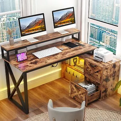 55  L Shaped Desk With Power Outlet & LED Light Corner Computer Desk With Drawer • $169.99