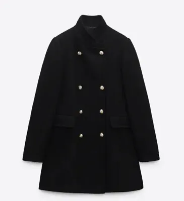 Zara New Woman Double-breasted Wool Blend Military Coat Black 8456/298 2057/289 • $88.43