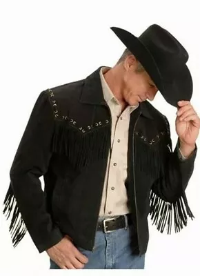 Men's Traditional Cowboy Western Leather Jacket Coat With Fringe Bone And Beads • $129