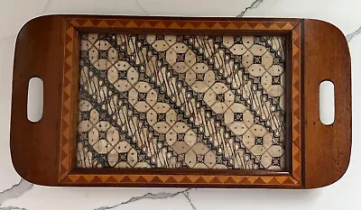 Vintage Wooden Inlay Marquetry Folk Art Tray Fabric Glass Handmade Bohemian • $19.99