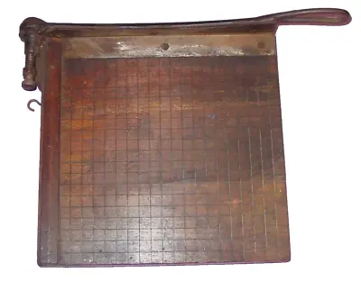Vintage Paper Cutter 10  Trimmer Wood Cast Iron Arm Blade Guillotine Style Tool • $42