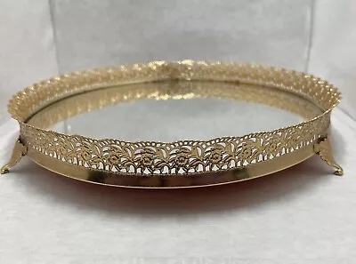 Vintage Gold Metal Dresser Tray Mirror Oval Perfume Vanity MCM Hollywood Regency • $21.39