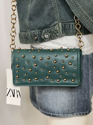 Zara Womens Crossbody Bag Beads Dark Green Gold Chain Purse Embellished Beaded • $38