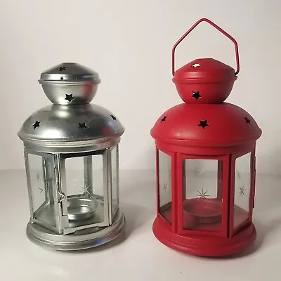 $17.99 • Buy IKEA Rotera Tea Light Candle Holders Lantern Metal Glass Hanging 2 Red Silver
