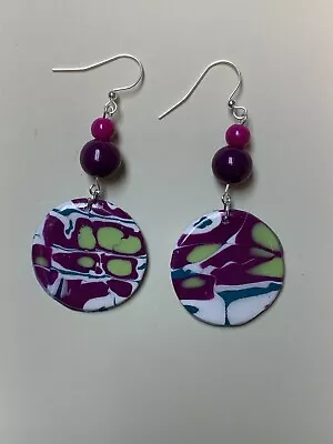 Handcrafted Fuchsia And Green Mokume Gane Technique Artisan Earrings • $5.50