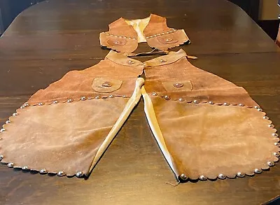 Vintage Western 1950's Kids Leather & Canvas Chaps And Vest W/ Steel Domed Studs • $49