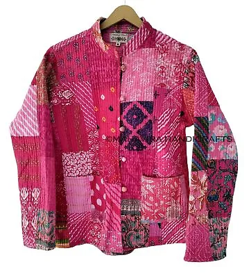 Patchwork Vintage Reversible Pink Cotton Ethnic Short Quilted Jacket Puffer Coat • $44.15