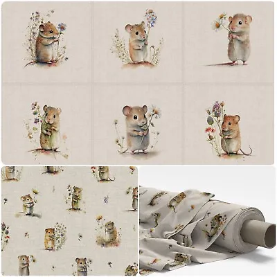 CUTE FIELD MICE Linen Look Cotton Fabric - CUSHION PANELS And By The Metre • £10.95