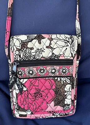 Vera Bradley Cross Body Bag Fold Over Flap Pink Floral Mocha Rouge EUC • $19.95