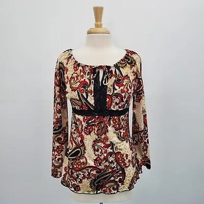 MKM Designs Womens Paisley Print Keyhole Neck Long Sleeve Blouse Top Size L • $18.98