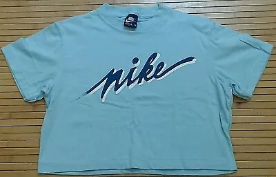 Vtg EUC 80s Nike Blue Cotton Poly Midriff Cropped Half T Shirt M Wmns Blue Tag • $20.99