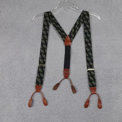 Vintage Silk Suspenders Green Black All-Over Print  CAS GERMANY Leather Button • $22.97