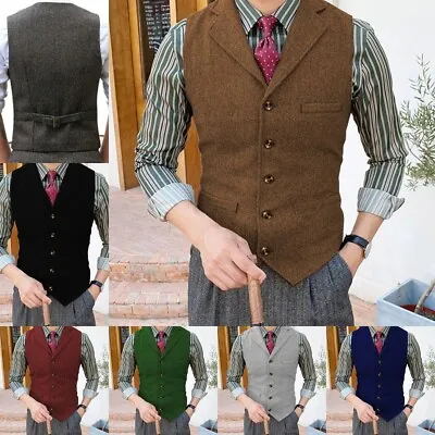 Business Men Herringbone Wool Waistcoat Tweed Vest Wedding Vintage Retro Hunting • $15.99