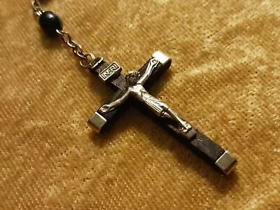 Vintage Rosary Black Bead Silvertone  Marked Italy • $15