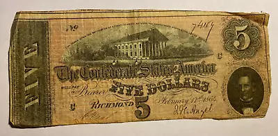 1864 Confederate States Five Dollar Note Richmond Virginia • $19.99