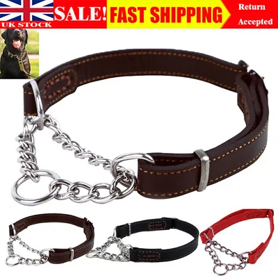 Pet Half Check Choke Dog Leather Chain Training Martingale Collar Adjustable SML • £12.99