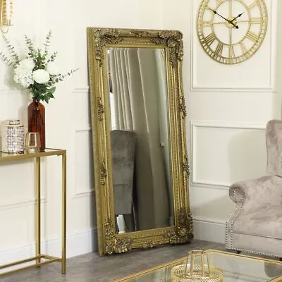 Large Ornate Gold Bevelled Wall Floor Leaner Mirror Vintage French Shabby Chic • £202.95
