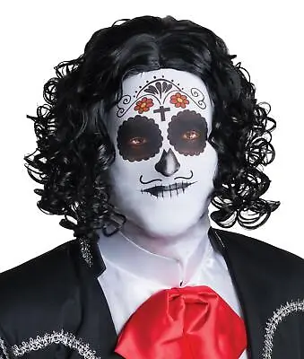 Adult Fabric Men's Day Of The Dead Male Mask With Attached Black Curly Wig • $17.99