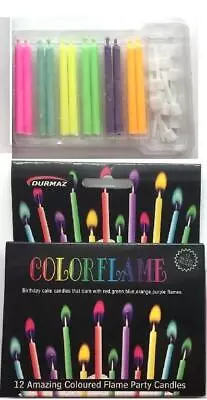 12 Coloured Flame Candles And Holders BIRTHDAY PARTY 5.5cm • $5.49