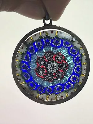 Vintage Millefiori 800 Silver Murano Art Glass Flower Pendant Large 1 5/8  • $29